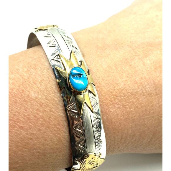 Sterling Turquoise 12k gold Buffalo Bangle Genevieve Jones Native American Made‎ - Picture 9 of 9